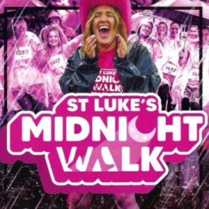 A very pink poster with a lady with a pink hat on walking in the rain. 
