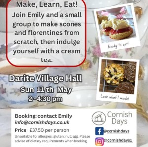 Poster with three photos of cornish scones, florentines and people baking. 