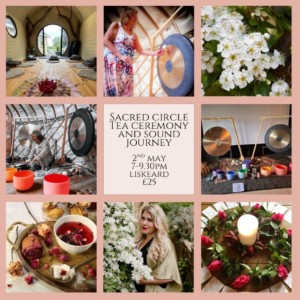 A selection of photographs of Hawthorne and Roses and sound bath instruments. 