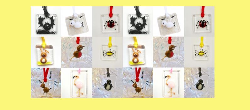 Photographs of mini dangles - which are very small fused glass pictures. There are fused glass designs showing bats, seaguls, rabbits, robins, bees and penguins. They are very cute.