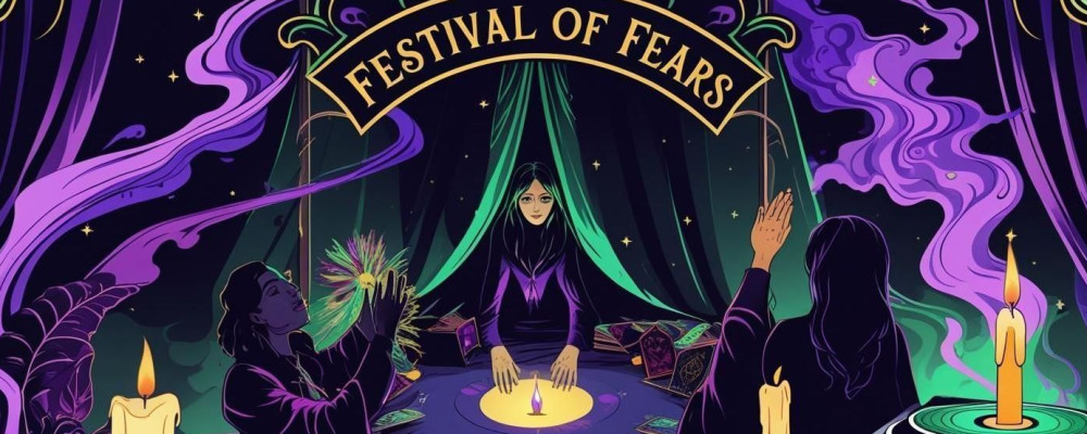 a cartoon of three witches. in the foreground there is some tarot cards and a candle.