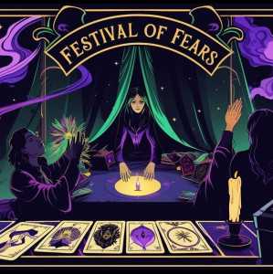 a cartoon of three witches. in the foreground there is some tarot cards and a candle.  
