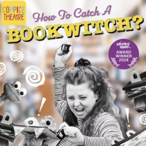 A photo of a girl with what looks like a Library stamp. There is a book worm puppet.