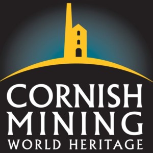 Cornish Mining World Heritage Logo. A yellow silhouette of a mine on a black background with white text. Cornish Mining World Hertitage.